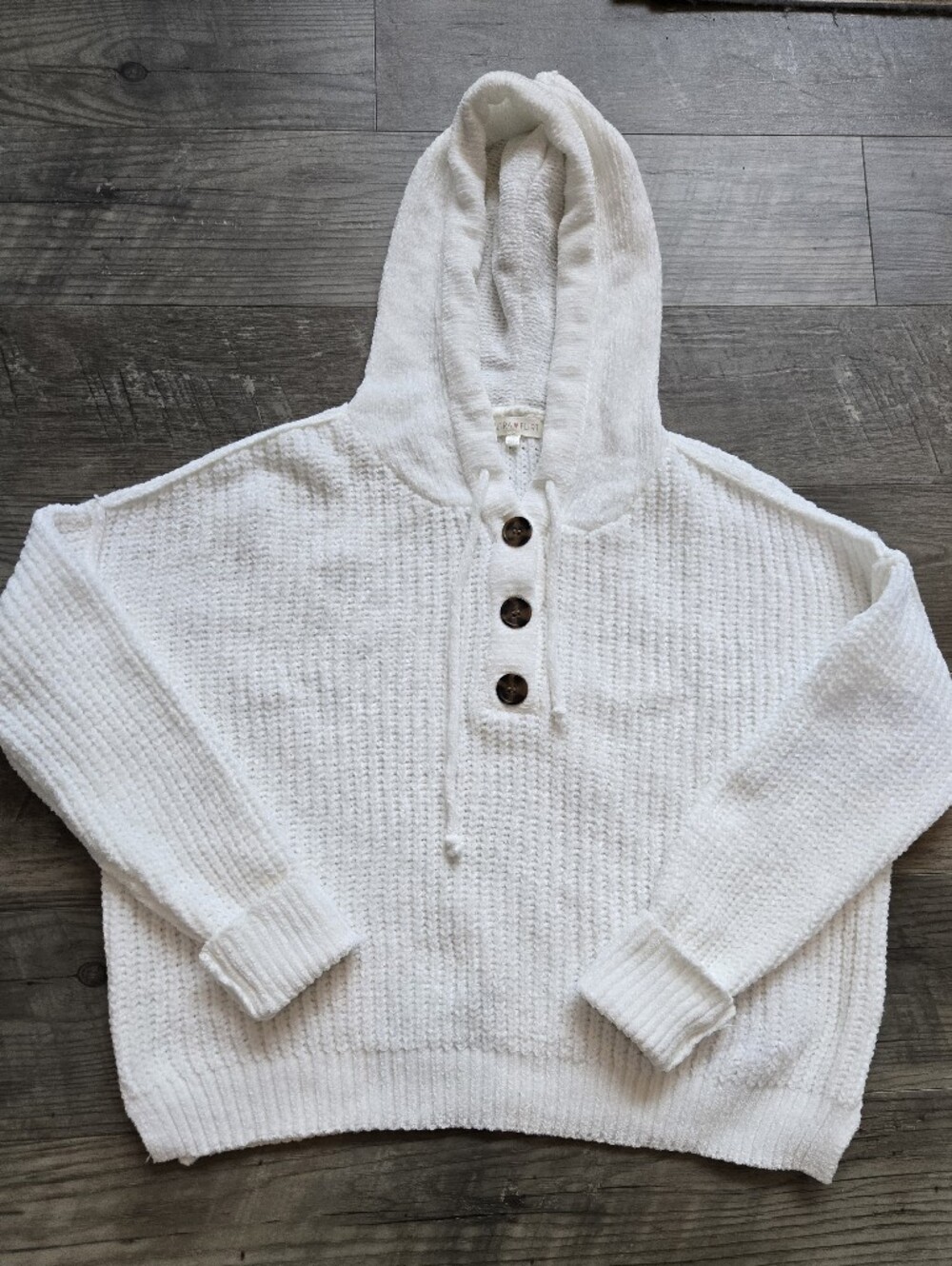 Ultra Flirt White Chenille Knit Hoodie Sweater Size M Button Pullover